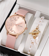 Pink Rhinestone Watch & Pearl Butterfly Bracelet Gift Set