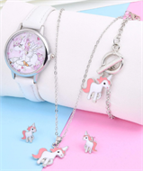 Pink & White Unicorn Watch + Necklace + Earrings + Bracelet Set