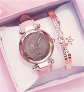 Pink Rhinestone Watch + Diamante Bracelet with Star Charm Gift Set