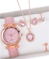 Pink Rhinestone Watch + Necklace + Earrings + Bangle Set